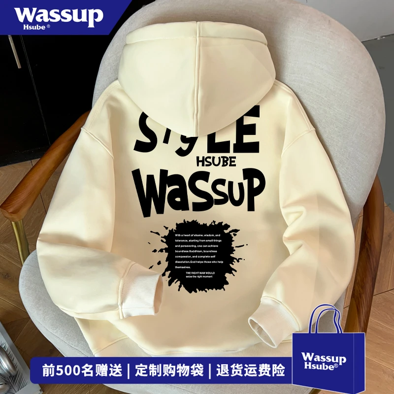 WASSUP HSUBE欧美式街头创意涂鸦印花连帽卫衣男秋冬宽松杏色上衣