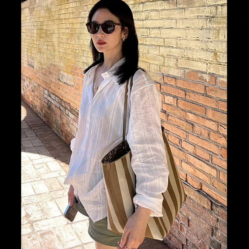 宋慧乔同款衣服春夏季款宽松薄款长袖衬衣防晒衫竖条纹白色衬衫女