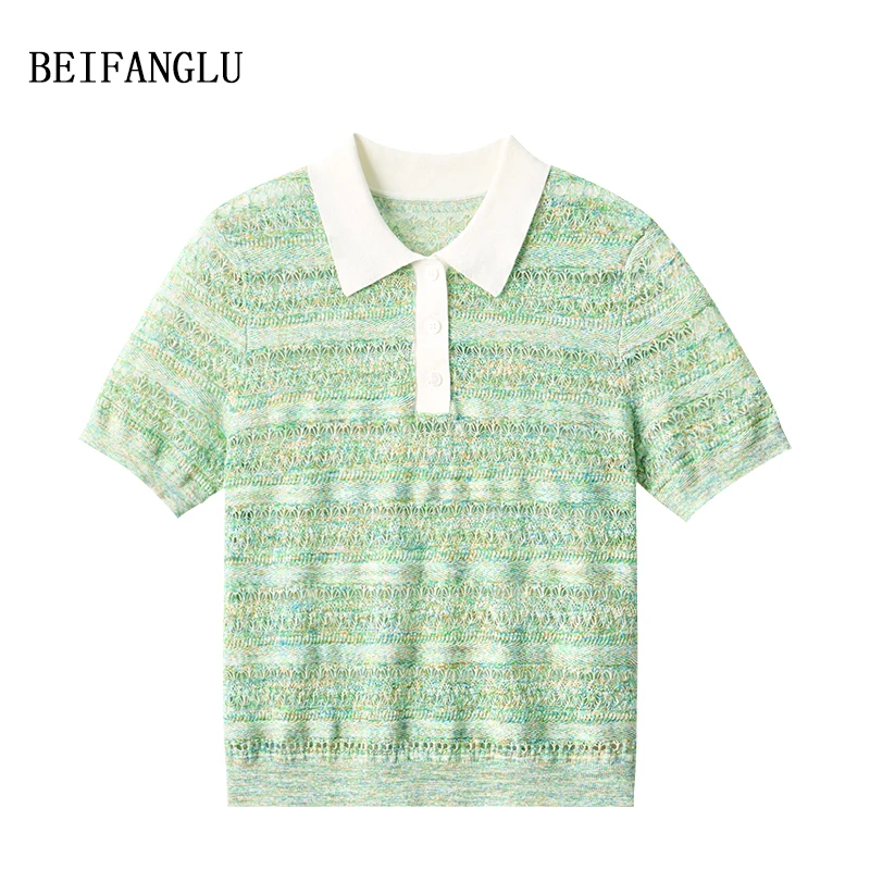 北方鹿【春池绿】100棉夏季气质POLO领镂空提花薄针织短袖女251080