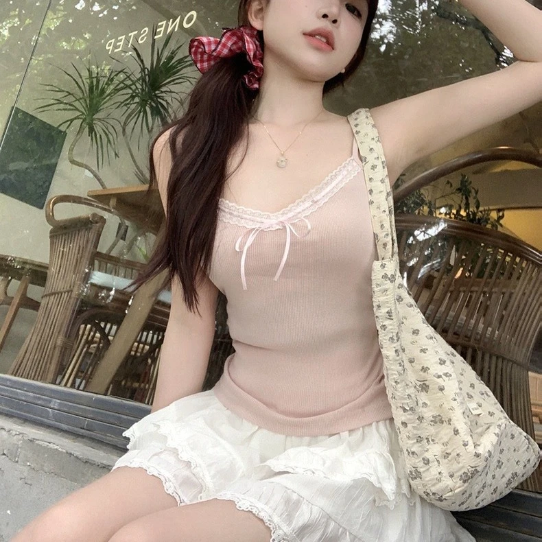 纯欲蕾丝花边吊带背心打底带胸垫内搭蝴蝶结修身设计无袖上衣女Z