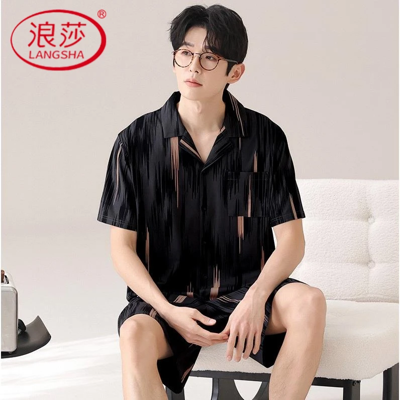 浪莎翻领男睡衣夏季短袖短裤套装简约开衫可外穿青年新款家居服