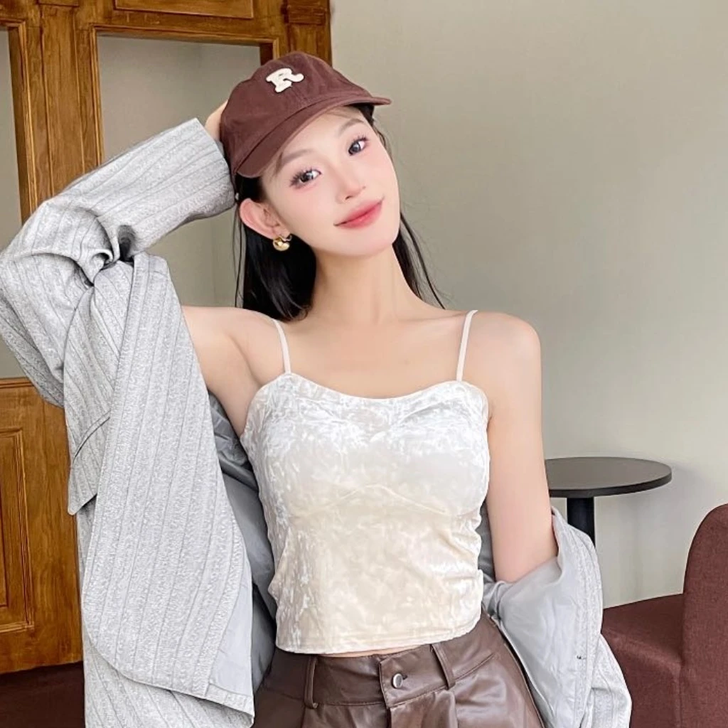 吊带背心女秋冬带胸垫加绒保暖发热打底背心金丝绒11808