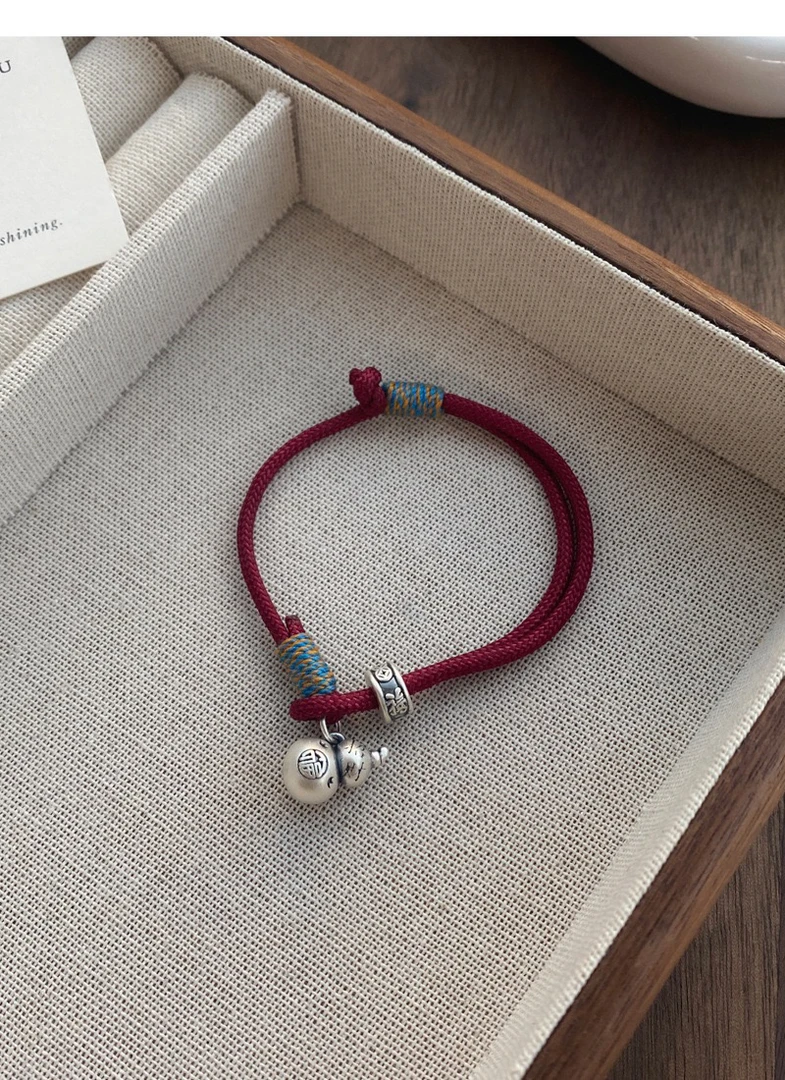 足银银制品 葫芦红绳手链女新中式国风设计复古手环简约手工编织