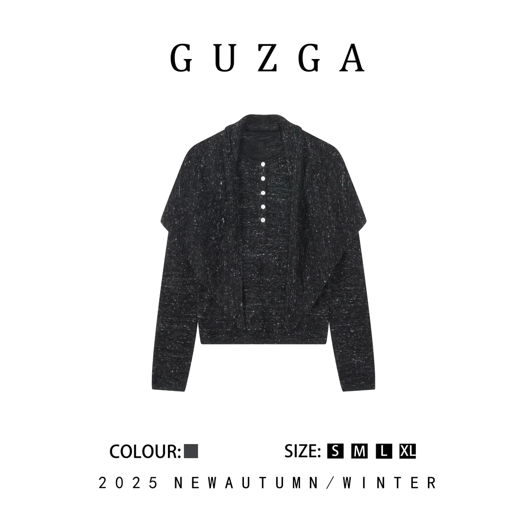 GUZGA【绅雅风范】2025秋季上新圆领长袖针织上衣披肩两件套