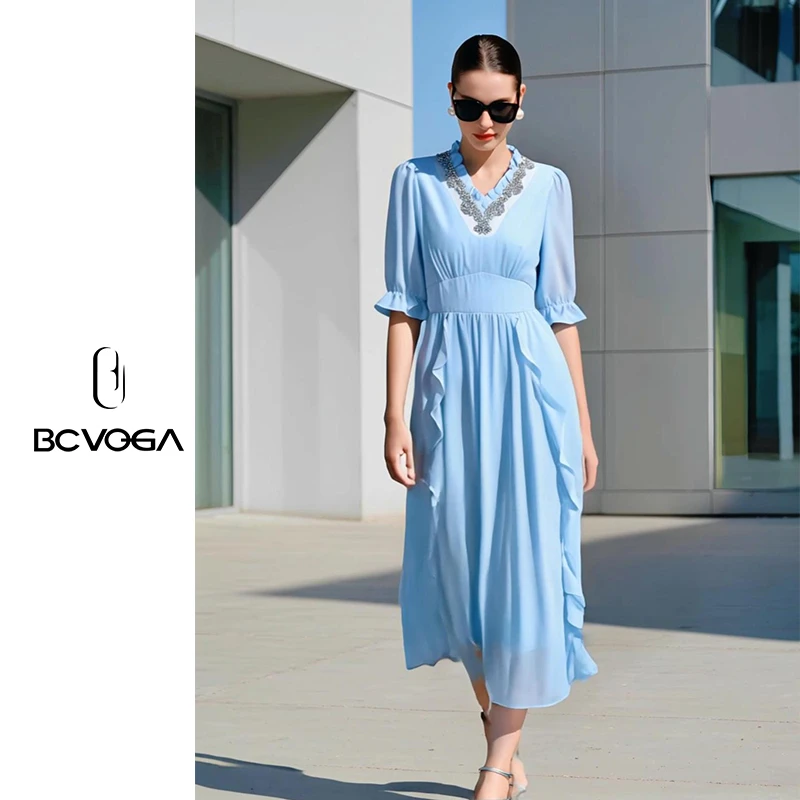 BCVOGA短袖荷叶边提花连衣裙气质裙子简约显瘦中袖V领复古仙气
