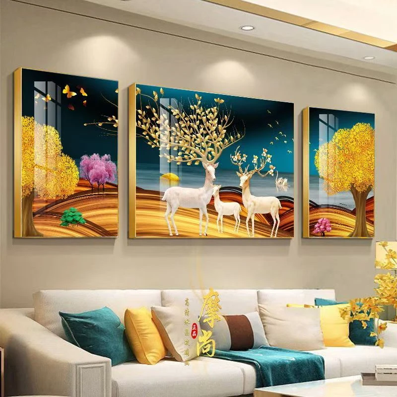挂画石来运转装饰晶瓷装饰画现代简约沙发背景墙北欧创意壁画三联