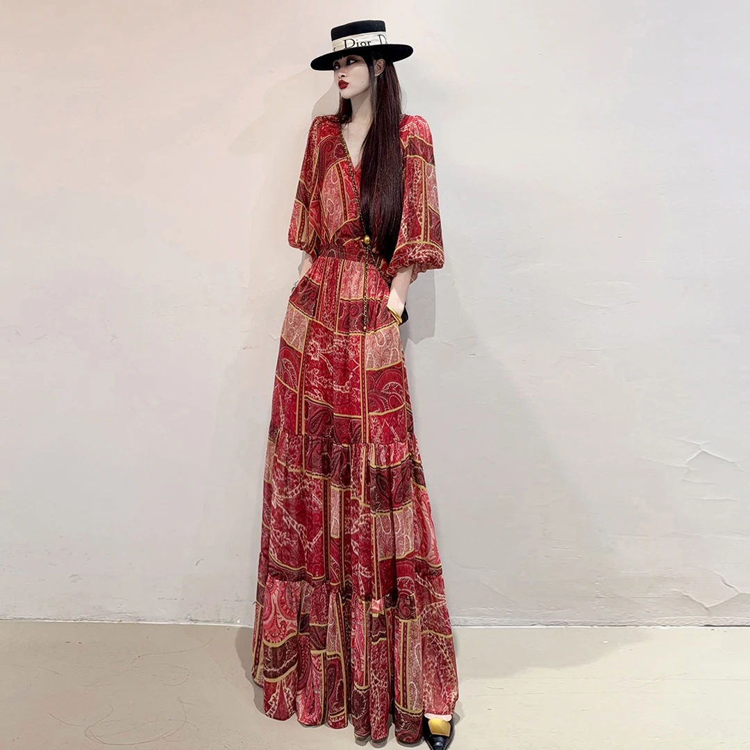 民族风加长款及踝连衣裙2025夏季新款法式气质显瘦雪纺碎花长裙仙