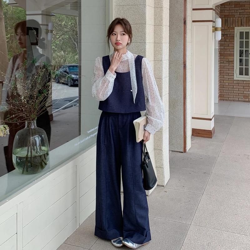 时髦穿搭超好看套装女春2025新款高级感背心马甲衬衣阔腿裤三件套