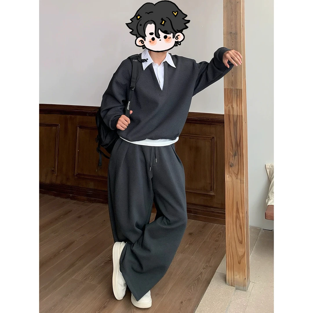 TZ3355 美式潮牌小众设计感假两件拼接卫衣套装男宽松休闲时尚感