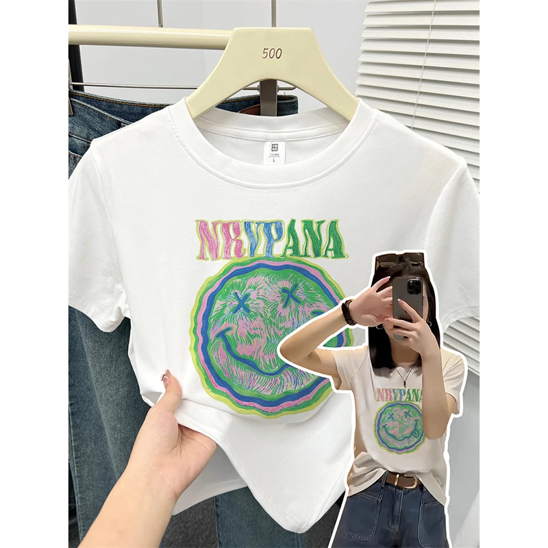 圆领正肩上衣小众ins印花修身弹力设计感韩系百搭显瘦短袖t恤衫女