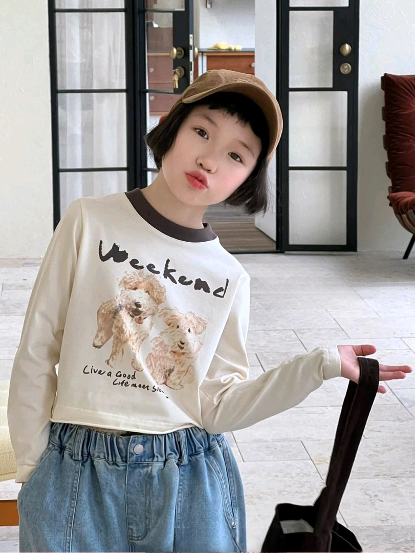 【25春季新品】女童T恤 小狗辣妹短款打底衫中大童纯棉长袖上衣5128