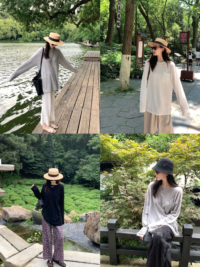 轻透裸感16针羊毛夏季松弛纸片人防晒空气罩衫长袖针织T恤