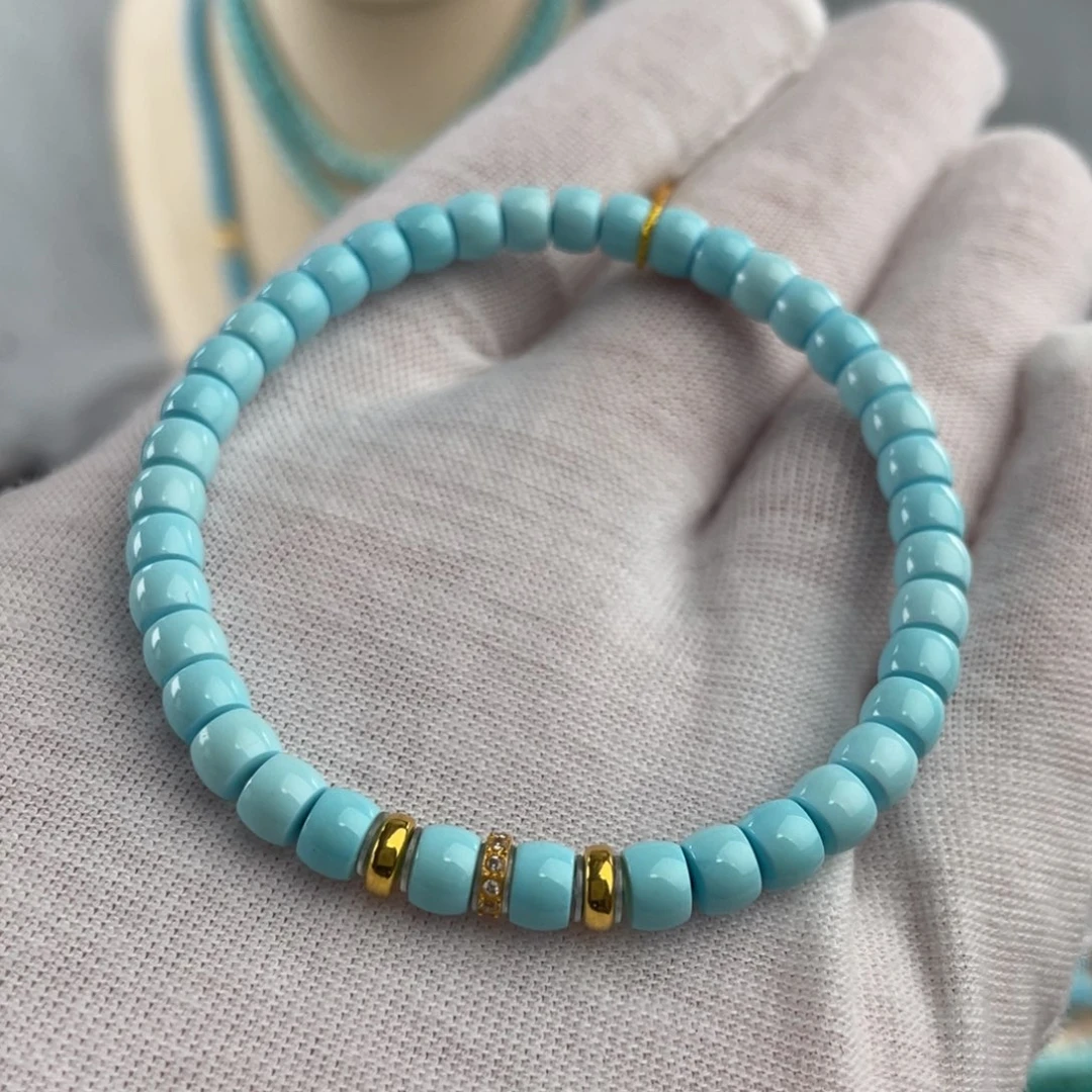 绿松石手链18K金镶嵌精品高瓷蓝直切卡5+