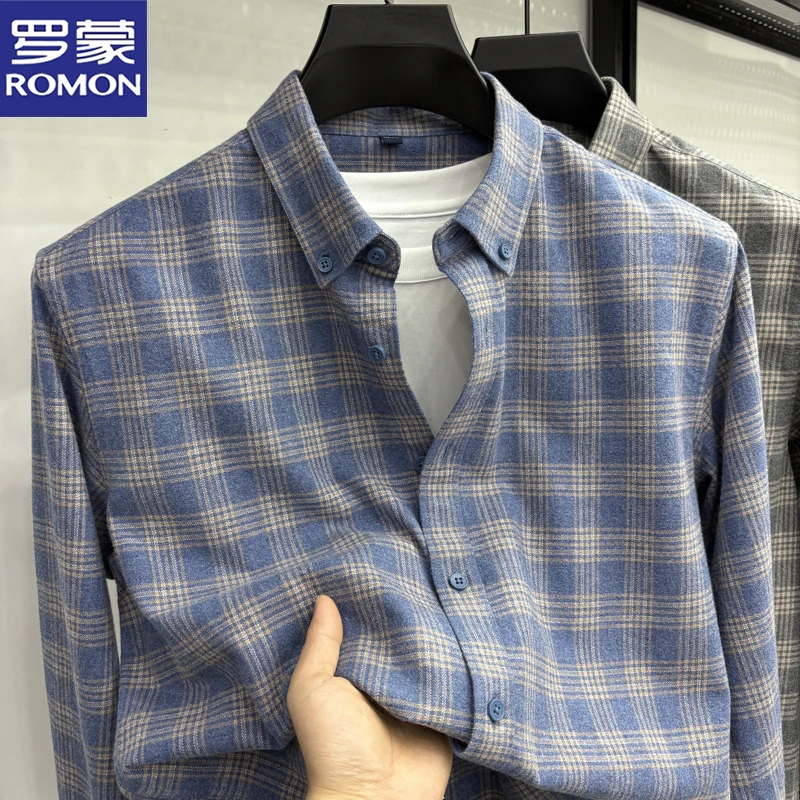 罗蒙秋季新款男士长袖格纹纯棉衬衫舒适透气双面磨毛翻领外套衬衣