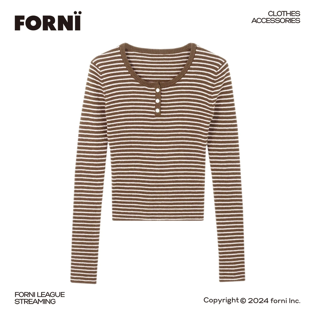 FORNI  Mark条纹 绵羊毛纽扣条纹针织衫显瘦休闲长袖针织衫