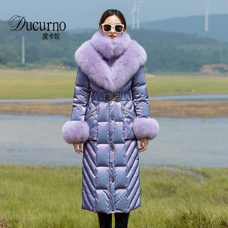 时尚大毛领亮面羽绒服女款2026新款冬季长款过膝修身加厚保暖外套