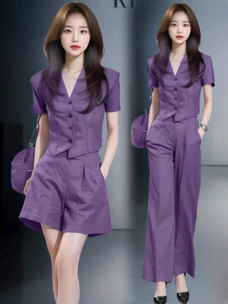 时尚套装女2025夏季新款洋气显瘦V领短袖阔腿裤气质减龄两件套潮