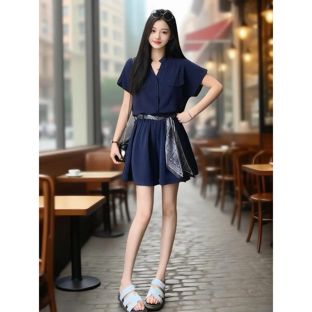 【三件套】2025夏季新款百搭短袖上衣+休闲裤+丝巾套装M231