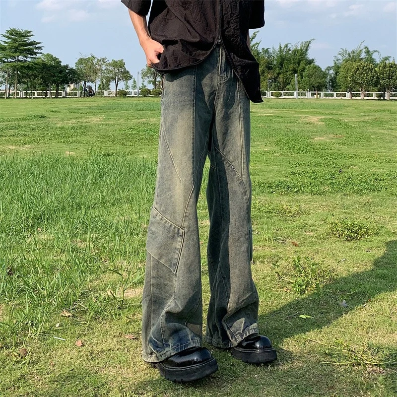 美式复古做旧水洗牛仔裤男夏季高街拼接设计宽松直筒垂坠感微喇裤