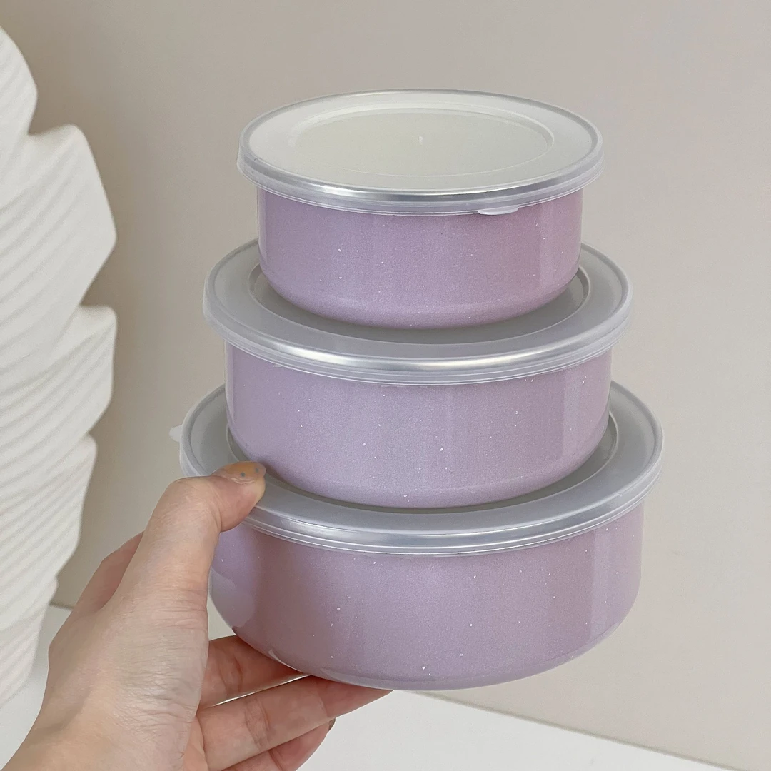 珐琅搪瓷大号保鲜盒保鲜碗三件套紫色迷你冷藏饭盒冰碗加厚无涂层