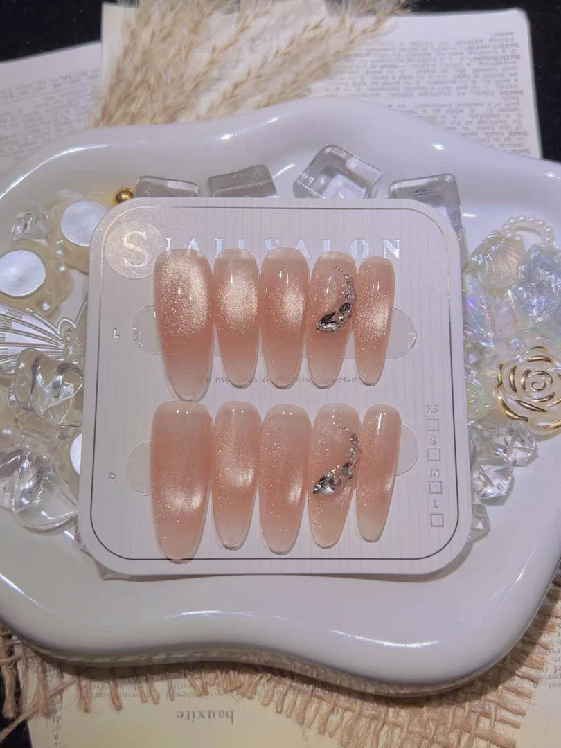 夏季长椭款纯手工穿戴甲气质闪耀猫眼设计显白优雅冰透