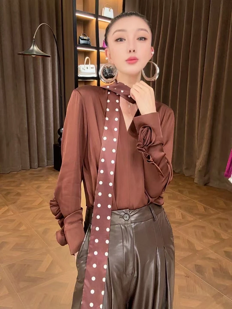 【宝姐家/衬衫】新款飘带棕色气质百搭女衬衫