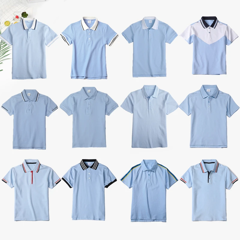 小学生校服短袖儿童蓝色t恤夏季薄款POLO衫翻领男女童浅蓝色T恤