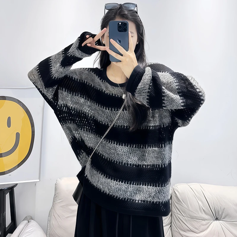 慵懒风设计条纹长袖毛衣女2025秋季复古撞色宽松新款针织气质上衣