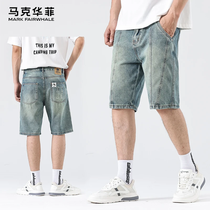 马克华菲夏季拼接款牛仔短裤男士宽松百搭时尚潮流休闲五分中裤子