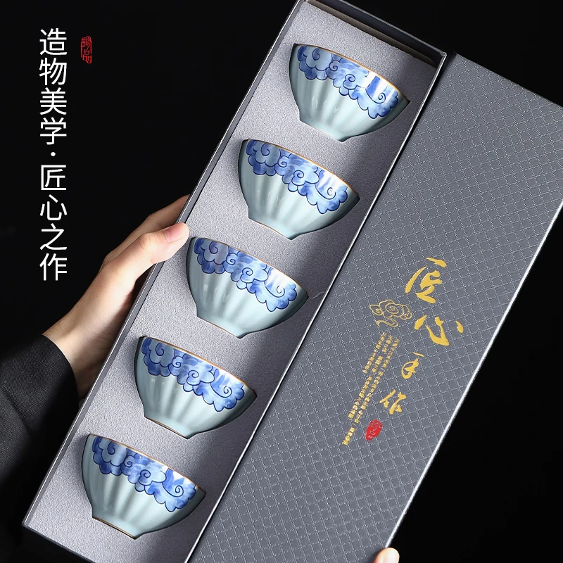 带礼盒适合个人品茗使用手工复古家用主人杯大号日式斗笠杯釉下彩