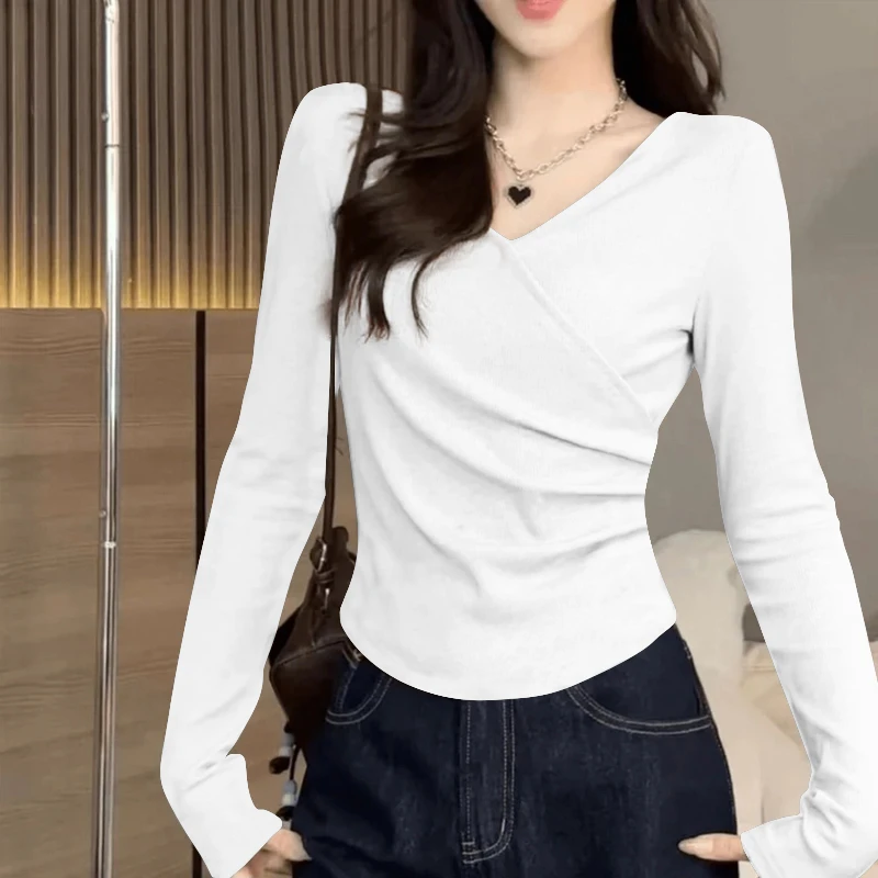 秋冬款纯欲v领长袖T恤女大码胖MM气质韩系设计感小众长袖保暖上衣