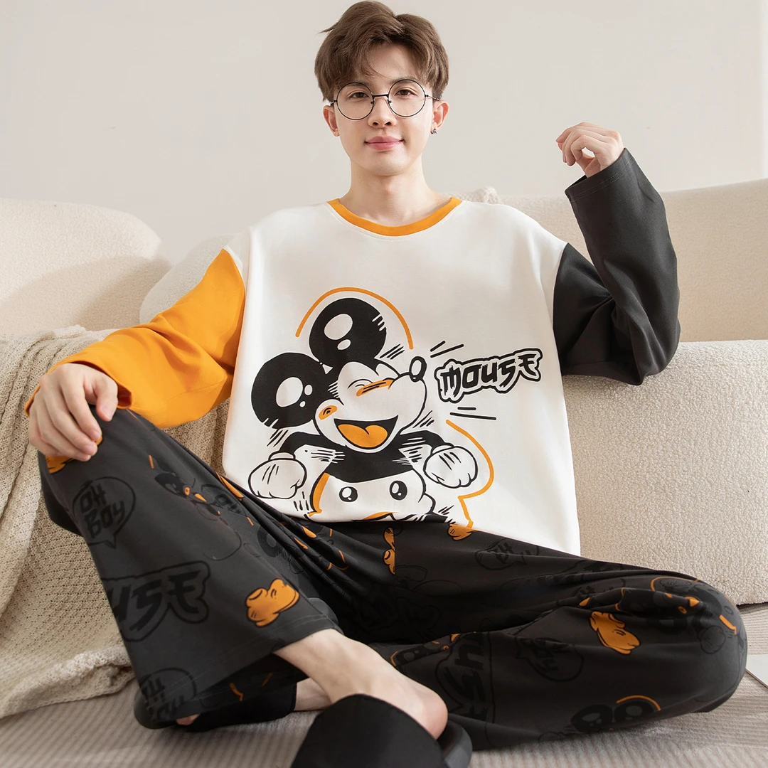 睡衣男士春秋季长袖纯棉宽松加大码青少年初中生冬天家居服套装薄