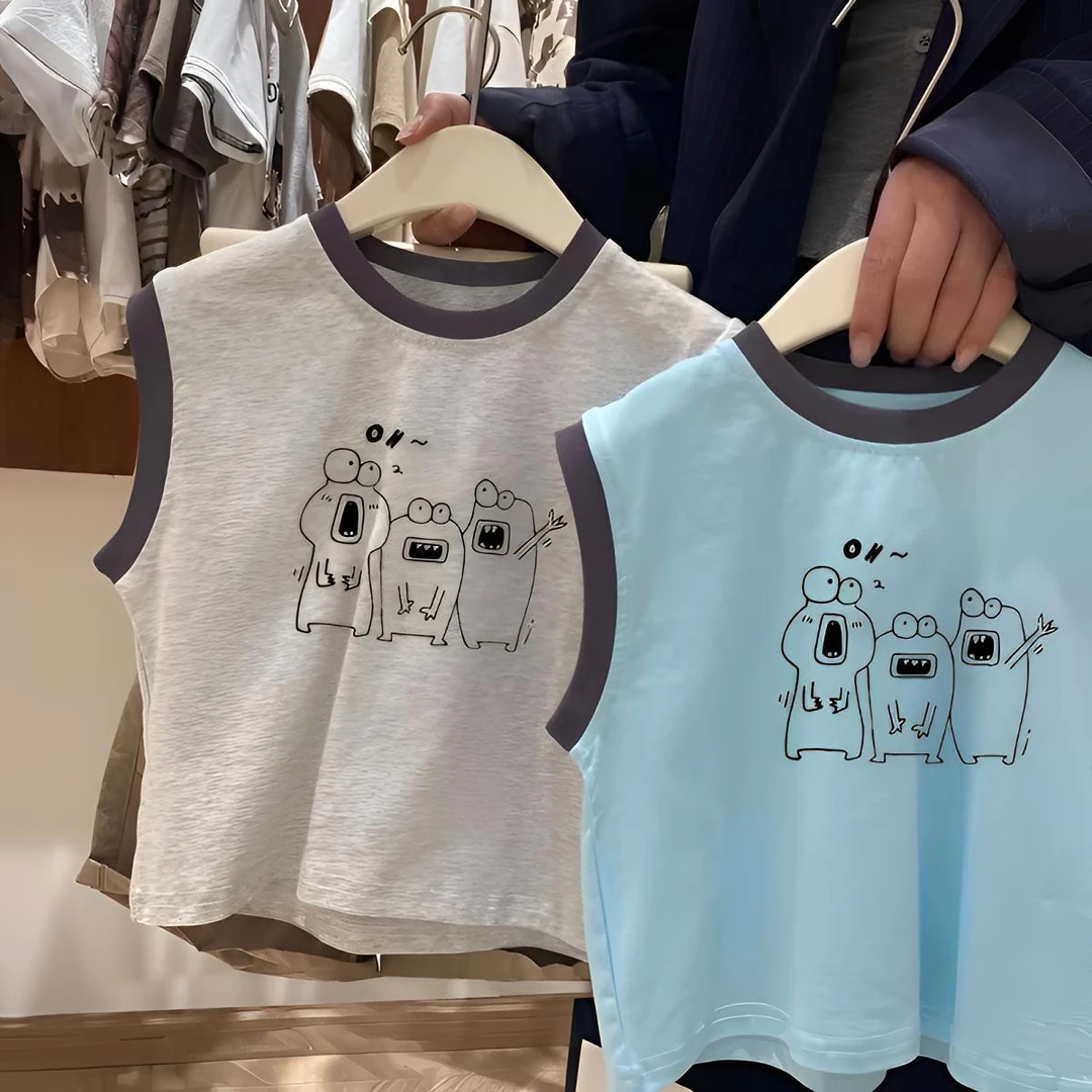 中小童宝宝洋气时尚拼色无袖T恤夏装新款男女童卡通百搭背心上衣