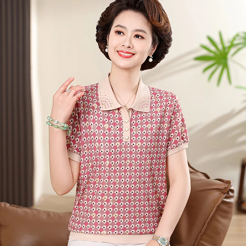 妈妈夏季薄款翻领T恤中老年女碎花冰丝上衣气质奶奶短袖小衫衬衣