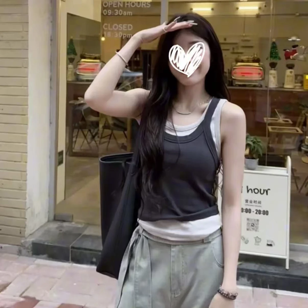 2025新款两件式叠穿吊带撞色街头感辣妹时尚显瘦背心外穿通勤