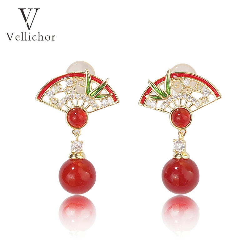 铜合金耳饰 国风折扇花丝耳钉竹叶耳坠高级感新中式扇子耳环