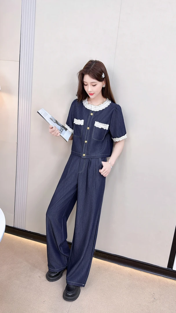 2518【衣长45裤长100】时尚套装减龄蕾丝拼接短袖牛仔阔腿裤两件套