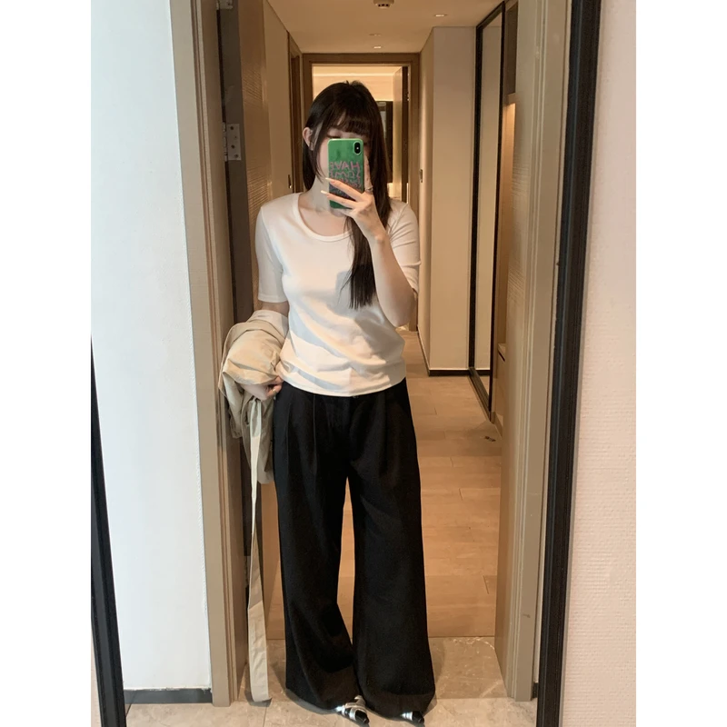 小沈美眉微胖梨形显瘦高腰宽松西装裤春季阔腿拖地休闲长裤子女