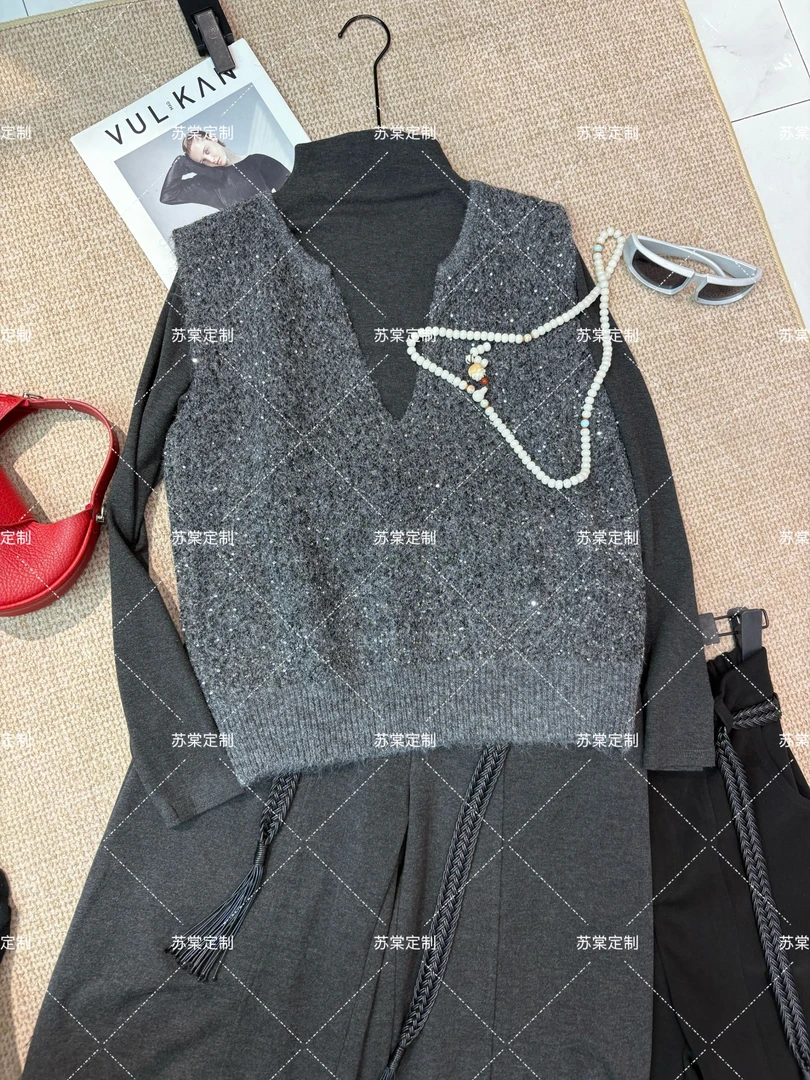 苏棠专属-秋季新款时尚百搭显瘦针织马甲打底套装轻熟风休闲风