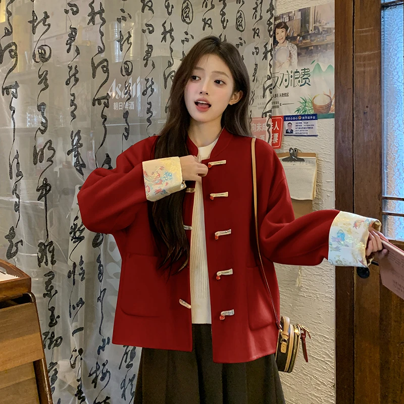 红色双面羊毛大衣女2025春季新款新中式盘扣爆款加厚短款毛呢外套
