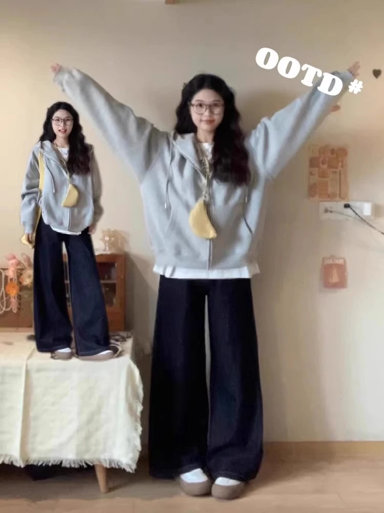 灰色卫衣外套女2025新款爆款连帽开衫开春上衣春秋季百搭美式穿搭