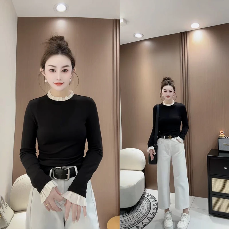 法式拼接荷叶磨毛长袖T恤女打底2025秋冬季新款时尚休闲修身上衣