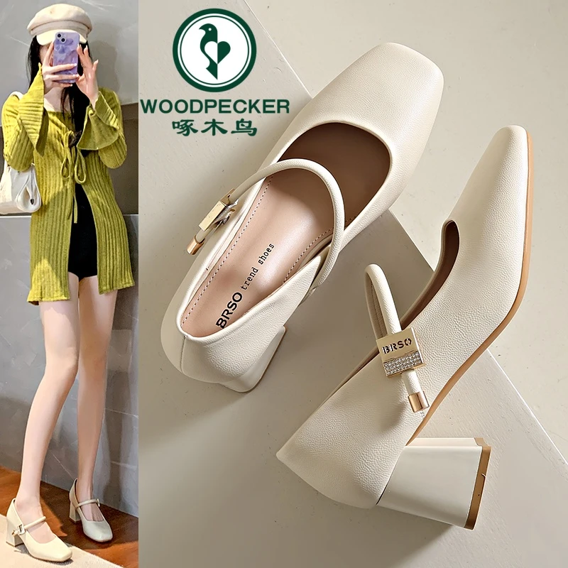 啄木鸟粗跟浅口工作鞋女夏季方头一字带玛丽珍跟鞋国风清凉妈妈鞋