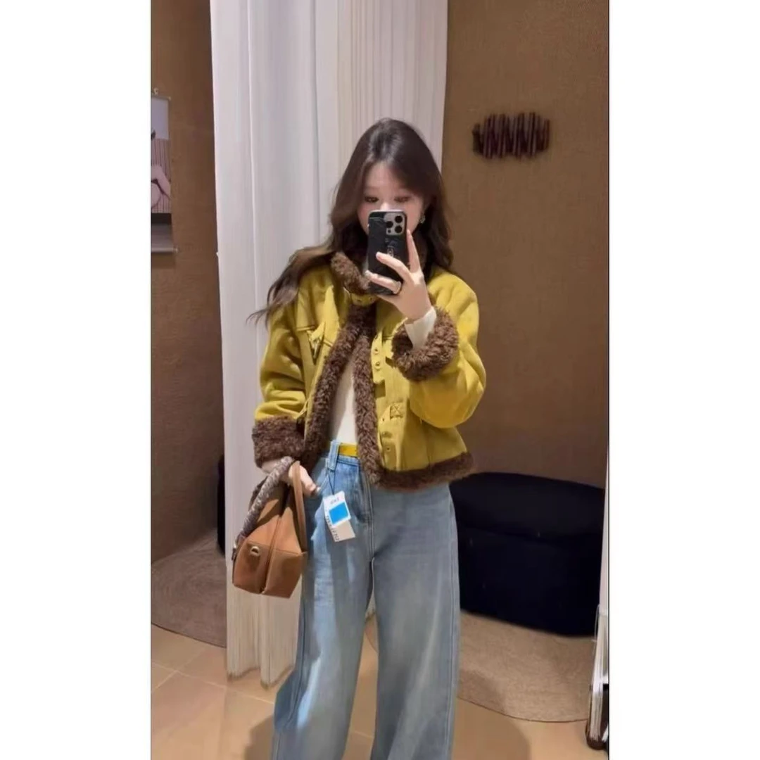 Y99082-冬新款韩系时尚百搭立领短款外套女毛毛感上衣女个性