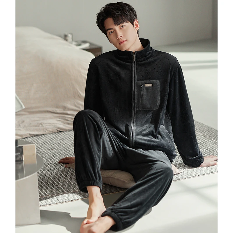 高级感男士睡衣薄款保暖牛奶绒珊瑚绒秋冬季海岛绒家居服男套装