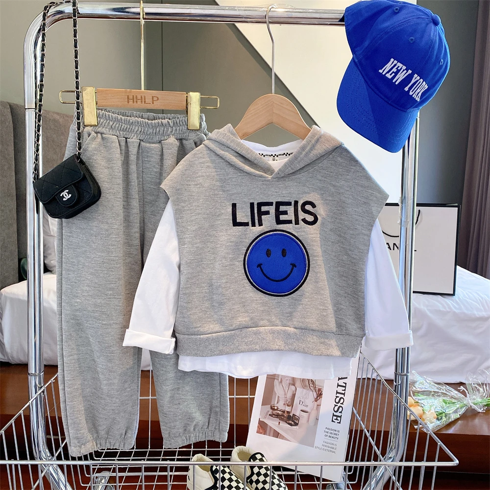 HHkids网红女童笑脸连帽毛家打底衫长裤休闲三件套2024秋装GTZ623