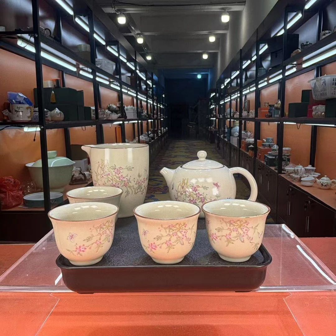 秋香茶具  米黄汝窑紫藤花西施壶一壶四杯功夫茶具无礼盒-4419