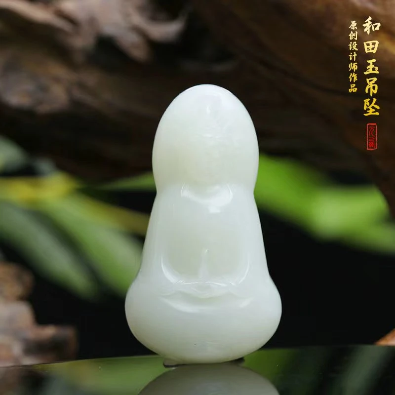 天然和田玉俄料观音吊坠挂坠男女款精雕白色精美【44*24*14]