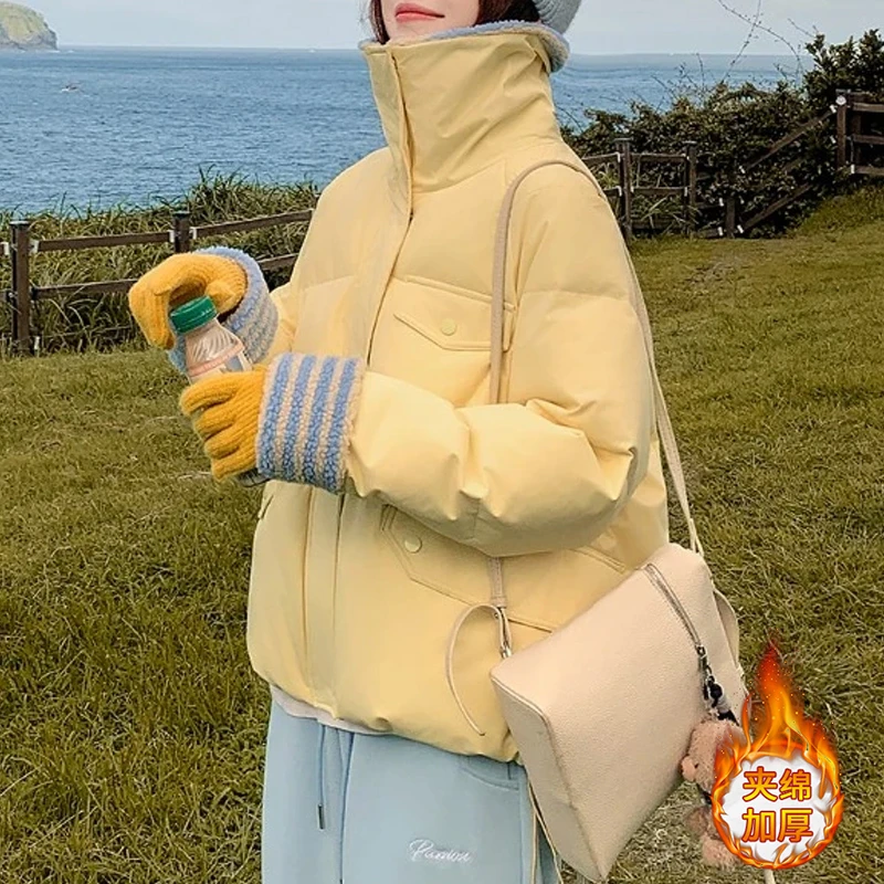 2025冬季新款个性拼接棉衣翻领多口袋宽松显瘦潮流保暖穿搭上衣