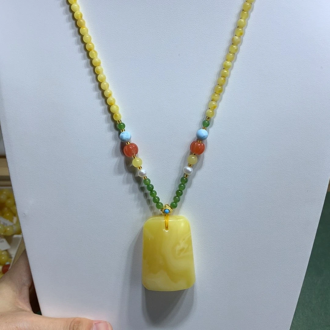银S925镀金镶嵌颈饰蜜蜡吊坠